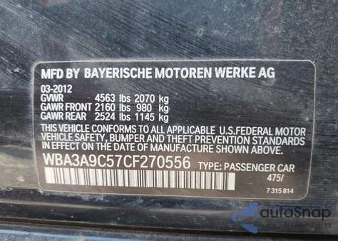 2012 BMW 335I from USA, damaged, VIN WBA3A9C57CF270556